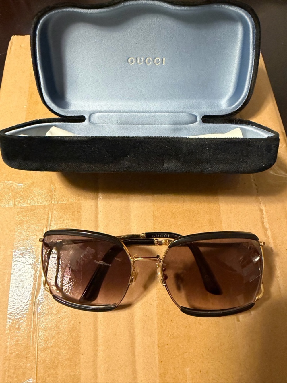 Gucci Gold-Tone Frame Brown Lens Sunglasses with Black Trim